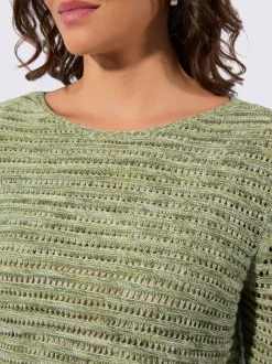 Pull ajouré à col en U manches trois quarts côtelé
