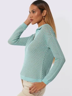 Pull ajouré à col polo et encolure en V