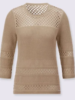Pull ajouré col rond manches trois quarts motif tricoté