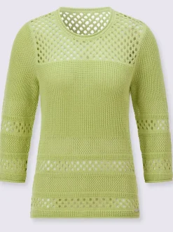 Pull ajouré col rond manches trois quarts motif tricoté