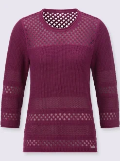 Pull ajouré col rond manches trois quarts motif tricoté