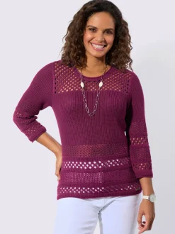 Pull ajouré col rond manches trois quarts motif tricoté