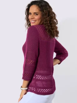 Pull ajouré col rond manches trois quarts motif tricoté