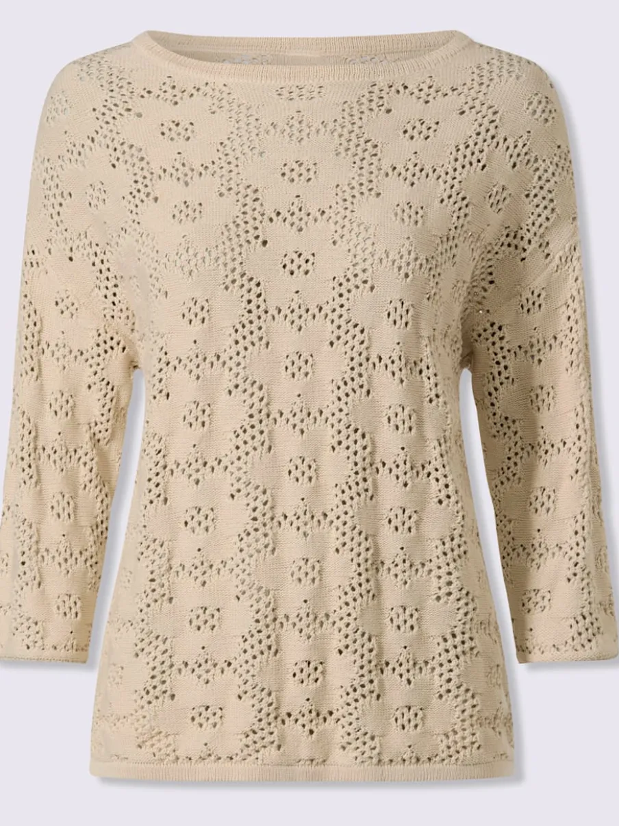 Pull ajouré à col U et manches 3/4 avec motif floral