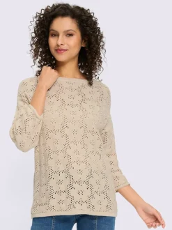 Pull ajouré à col U et manches 3/4 avec motif floral
