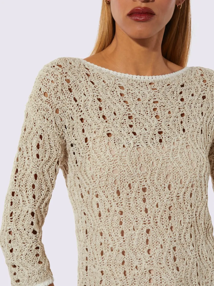 Pull ajouré à encolure en U et manches 3/4 avec motif géométrique