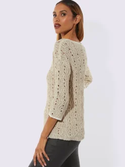 Pull ajouré à encolure en U et manches 3/4 avec motif géométrique