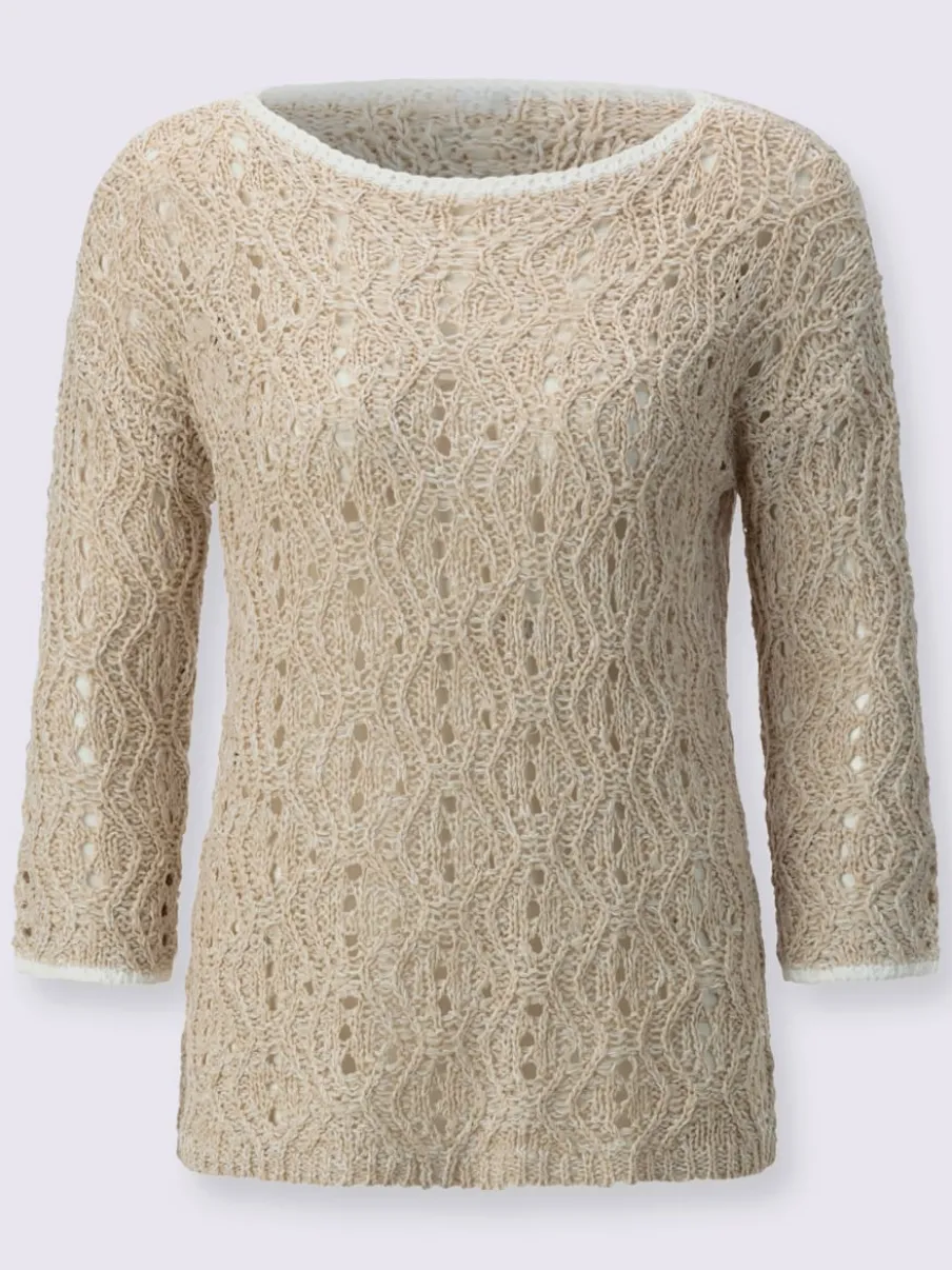 Pull ajouré à encolure en U et manches 3/4 avec motif géométrique
