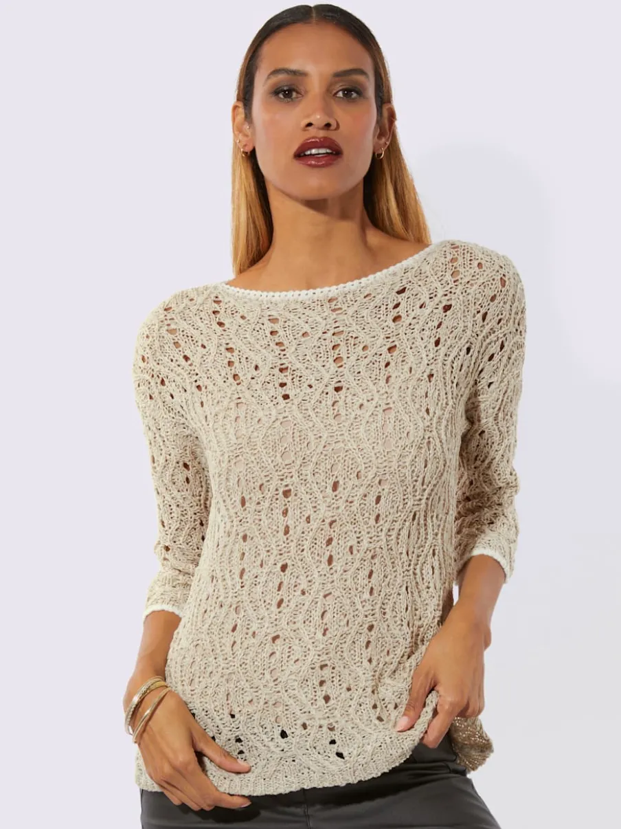 Pull ajouré à encolure en U et manches 3/4 avec motif géométrique