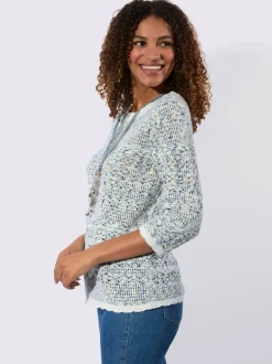 Pull ajouré en coton aux finitions ondulées manches trois quarts