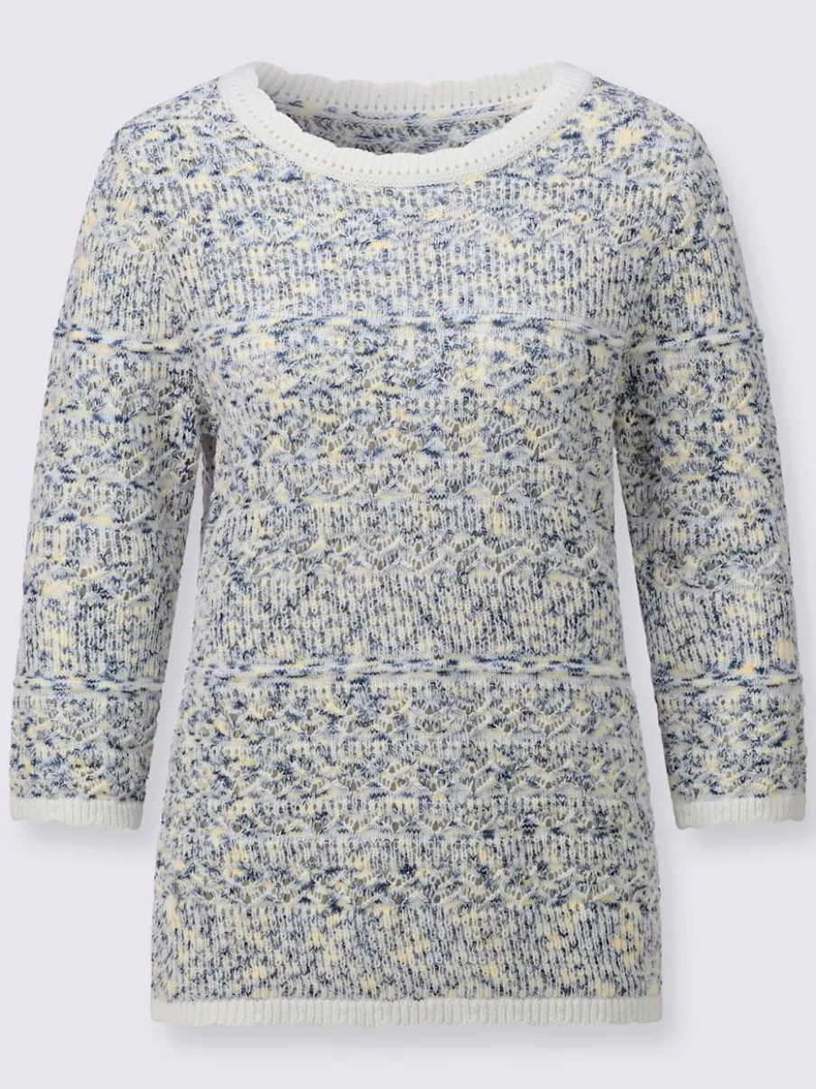 Pull ajouré en coton aux finitions ondulées manches trois quarts