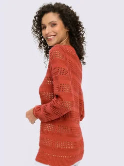 Pull ajouré en coton à encolure ronde et manches longues