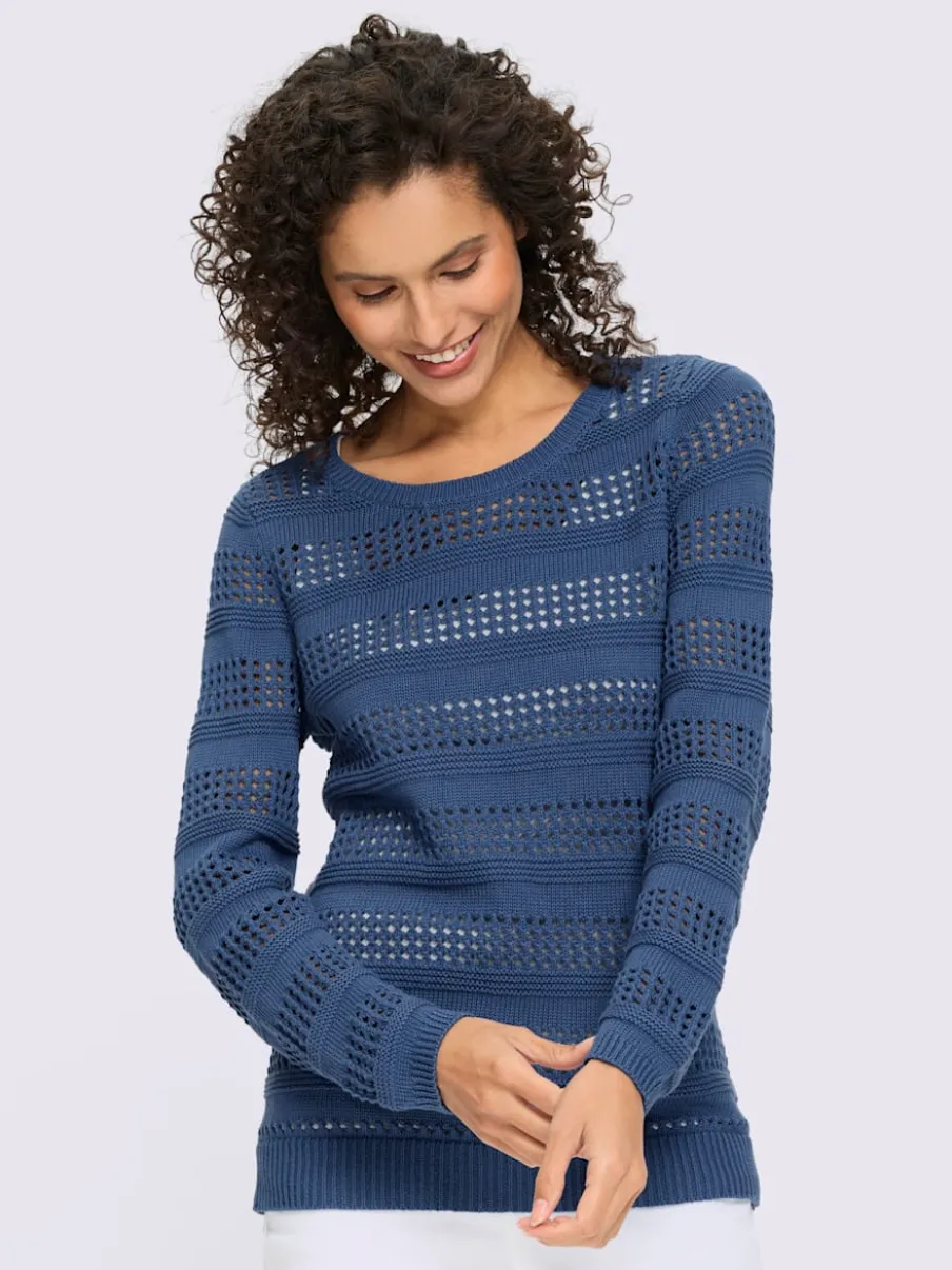 Pull ajouré en coton à encolure ronde et manches longues