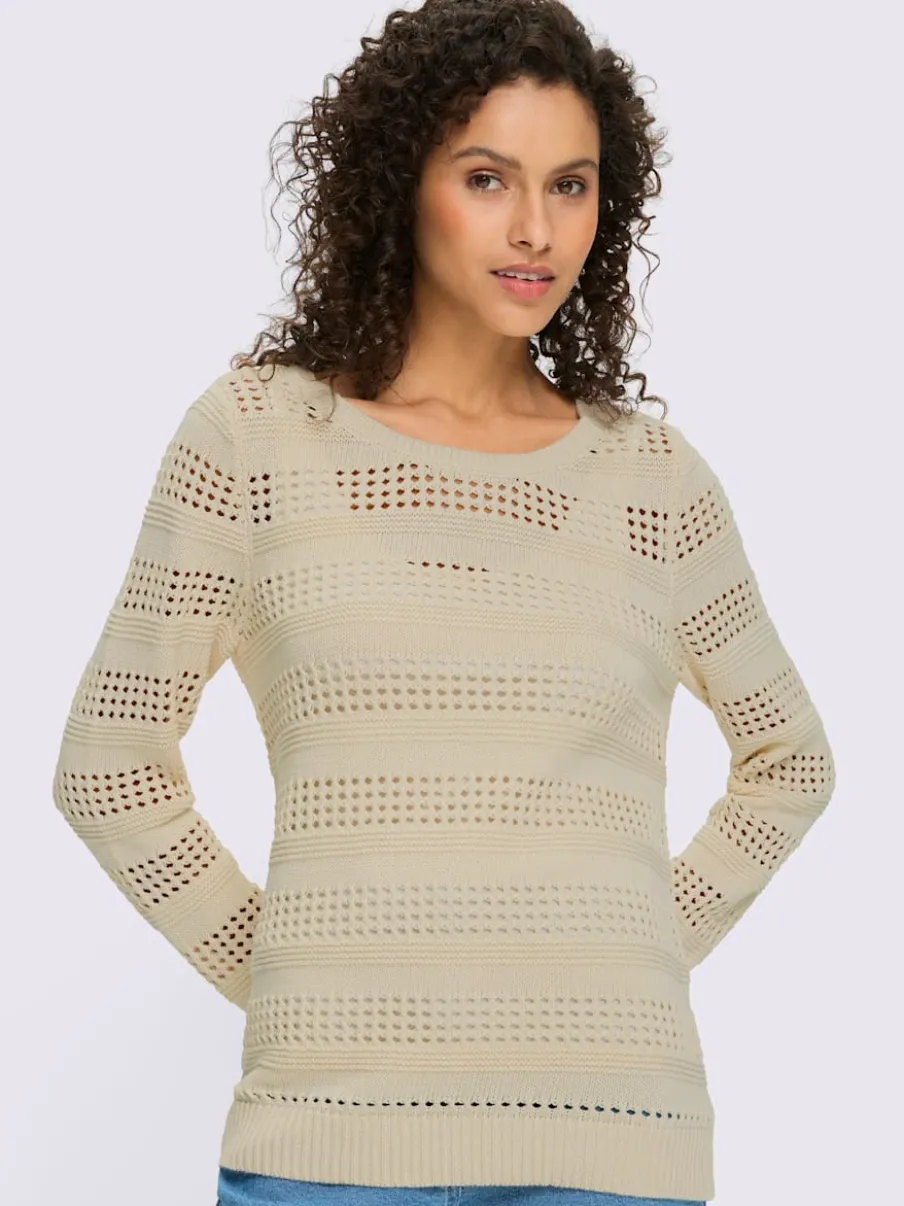 Pull ajouré en coton à encolure ronde et manches longues