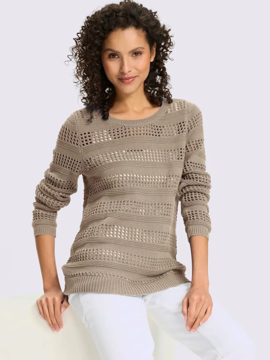 Pull ajouré en coton à encolure ronde et manches longues