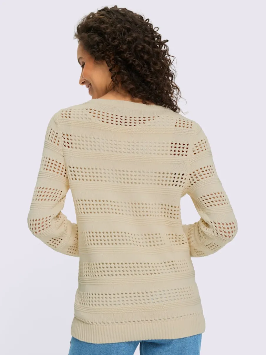 Pull ajouré en coton à encolure ronde et manches longues