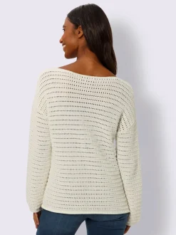 Pull ajouré en coton manches longues encolure U