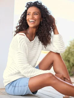 Pull ajouré en coton manches longues encolure U
