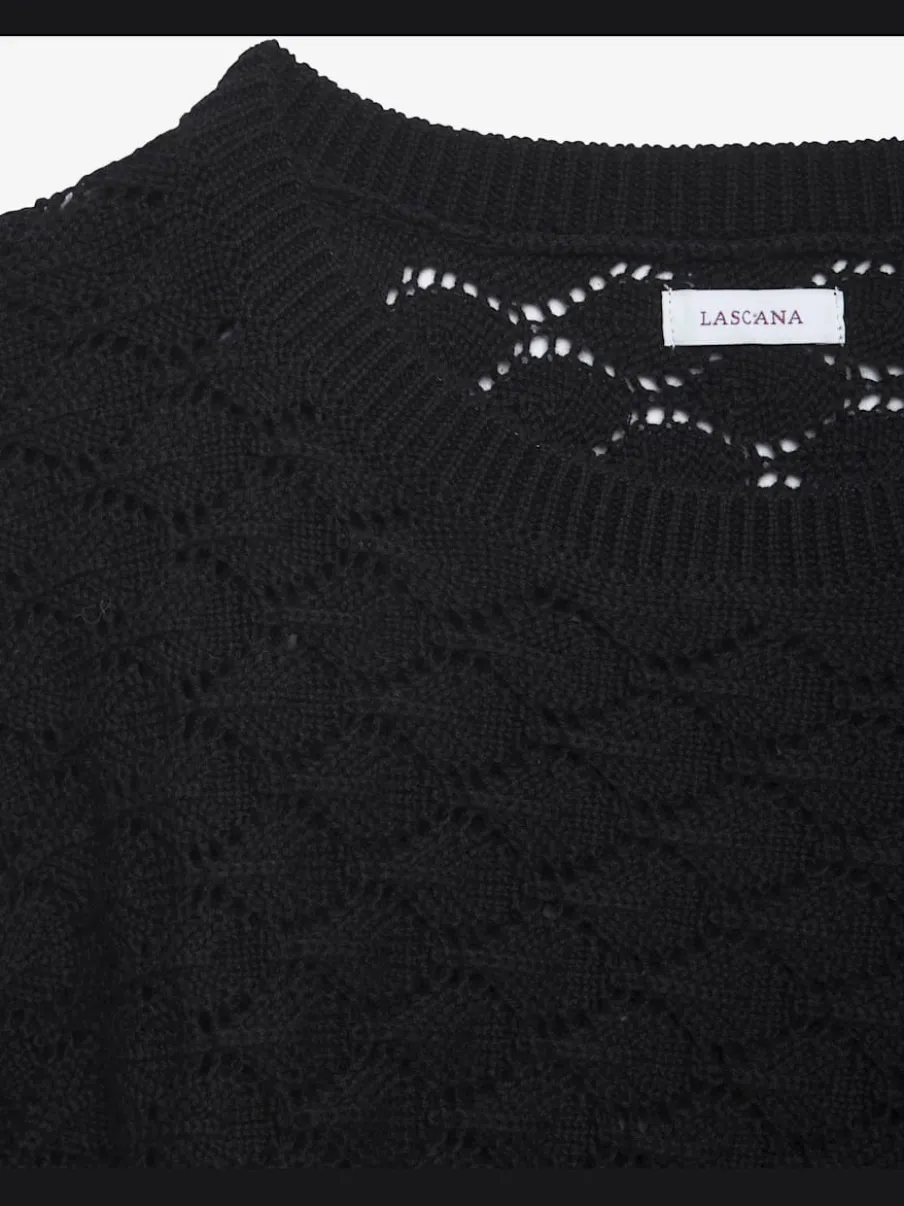 Pull ajouré en tricot à encolure ronde avec manches 3/4 bataillon