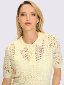 Pull ajouré léger col polo manches mi-longues motif ajouré