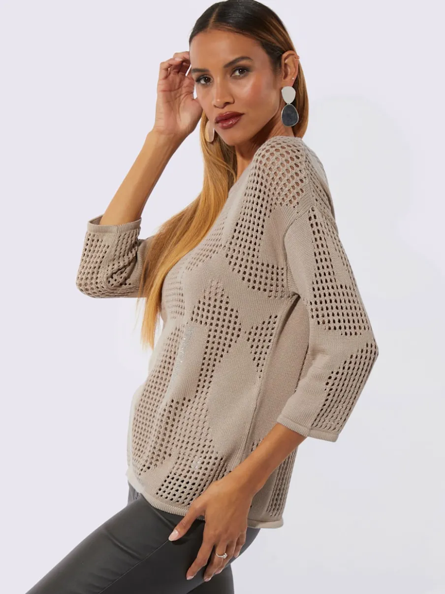 Pull ajouré trois quarts en viscose et coton doux
