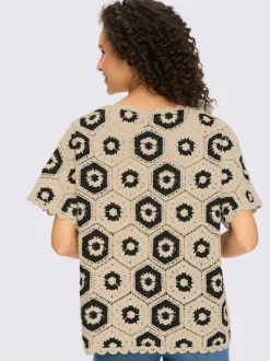 Pull ample en dentelle fleuri avec encolure ronde et manches courtes