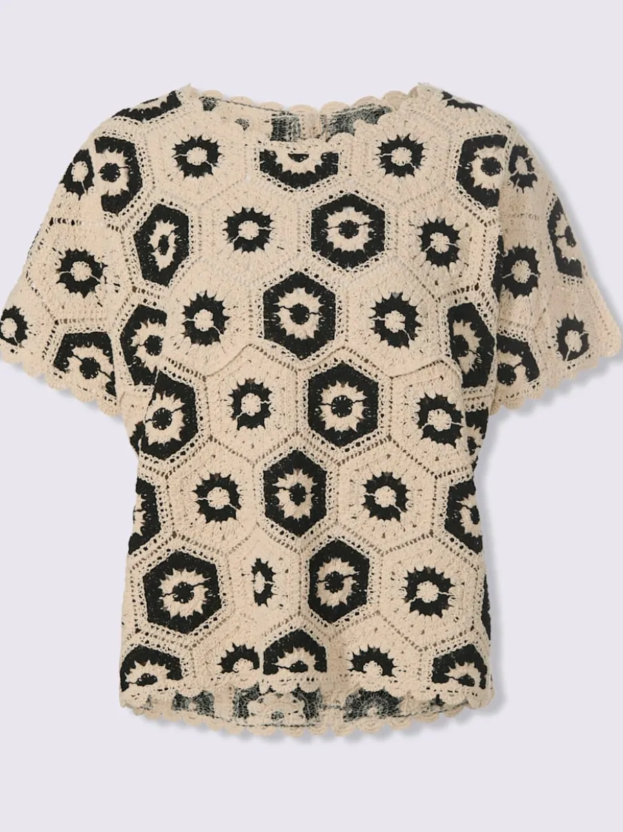 Pull ample en dentelle fleuri avec encolure ronde et manches courtes