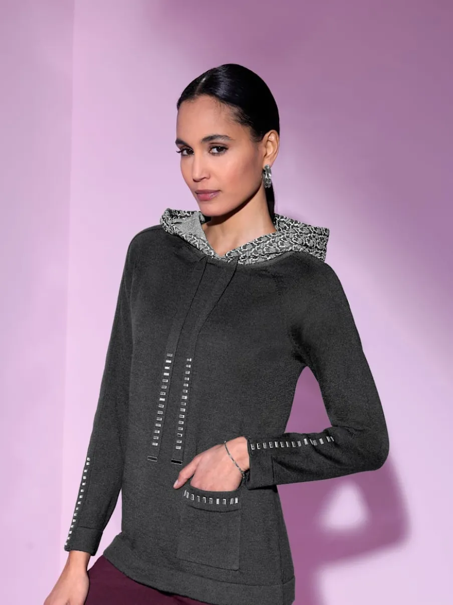 Pull à capuche avec pierres brillantes et poche decorative