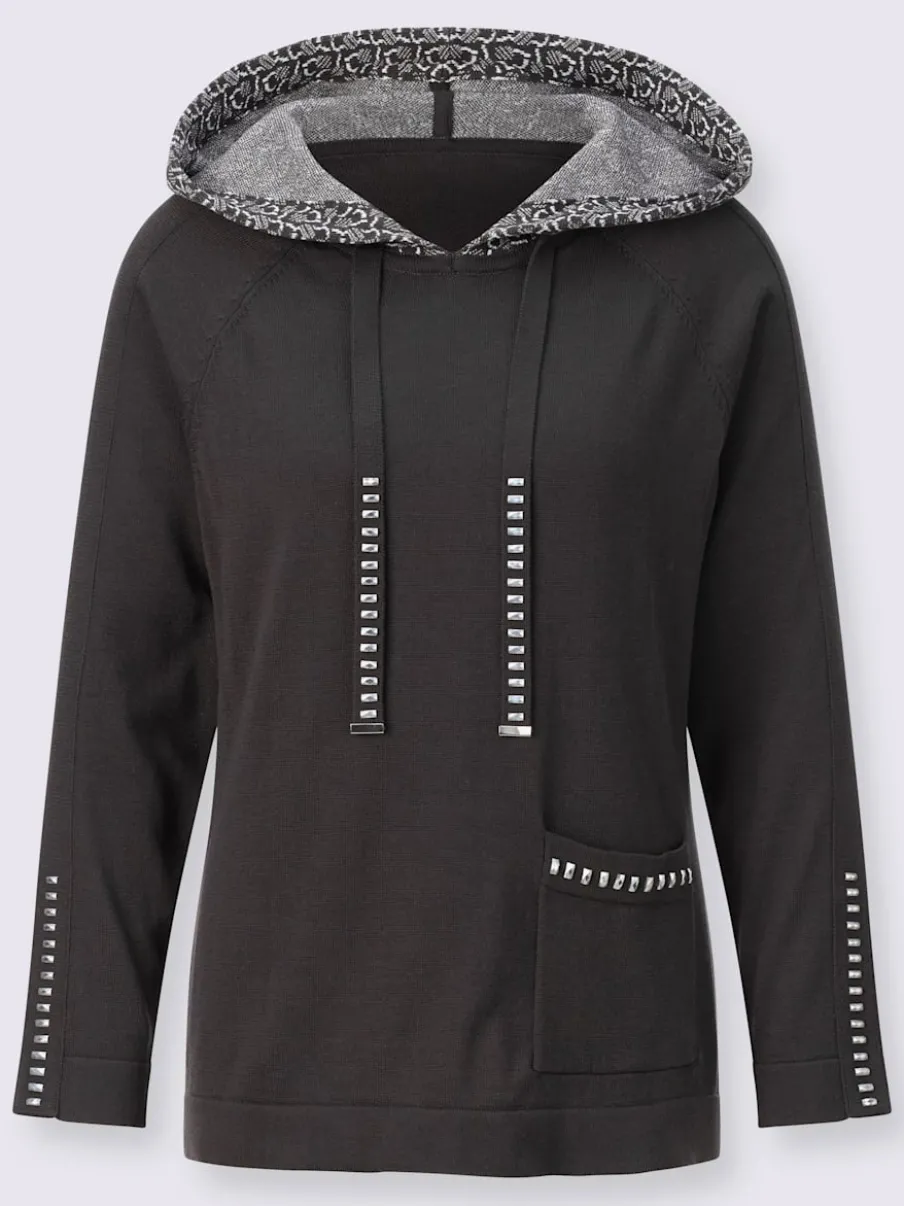 Pull à capuche avec pierres brillantes et poche decorative