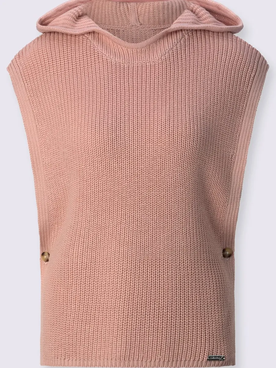 Pull à capuche à emmanchures dénudées côtelé boutonné