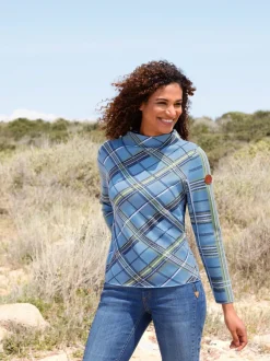 Pull à carreaux jacquard col montant manches longues