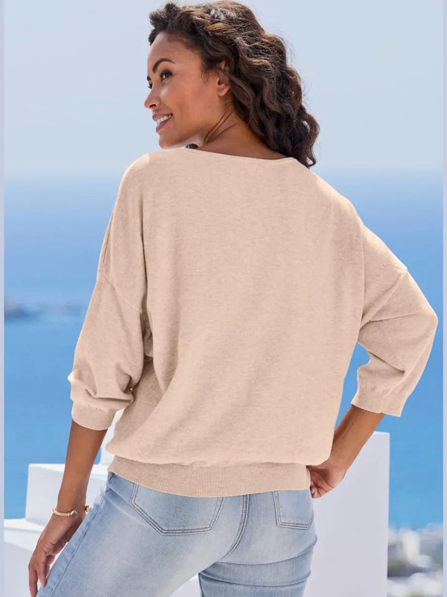Pull chauve-souris avec encolure V et manches 3/4 en tricot doux