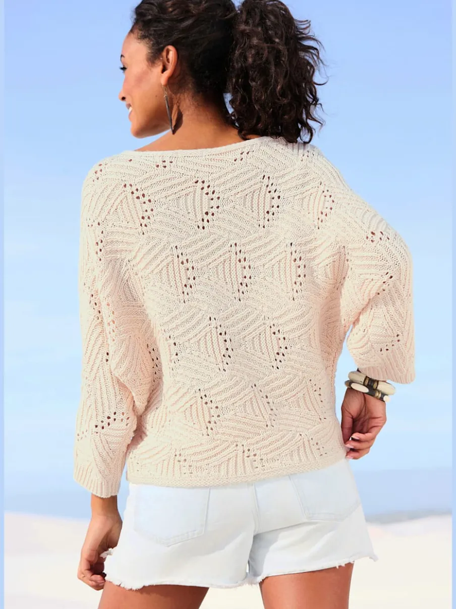 Pull chauve-souris encolure en U manches 3/4 tricoté