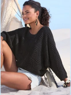 Pull chauve-souris encolure en U manches 3/4 tricoté
