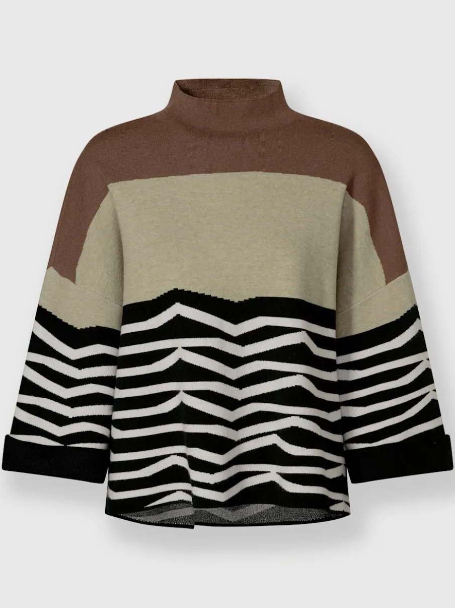 Pull à col corolle manches trois quarts rayé en jacquard