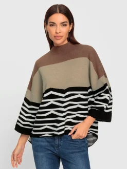 Pull à col corolle manches trois quarts rayé en jacquard