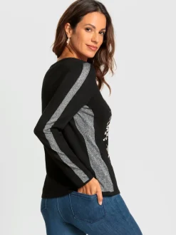 Pull à col en U manches longues imprimé brillant