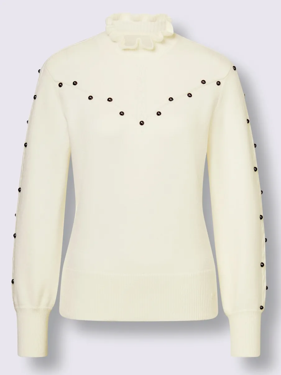 Pull à col montant froncé avec perles et tricot ajusté