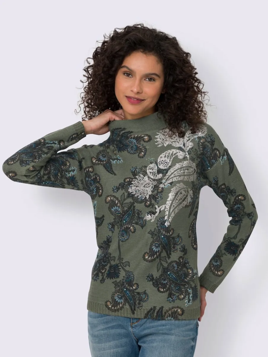 Pull à col montant motifs floraux et manches longues