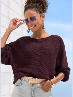 Pull col rond avec manches chauve-souris et ourlet droit en tricot côtelé