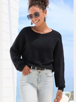 Pull col rond avec manches chauve-souris et ourlet droit en tricot côtelé