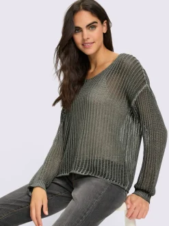 Pull décontracté à col V avec motif tricoté ajouré et mancherons