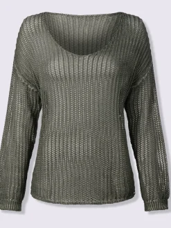Pull décontracté à col V avec motif tricoté ajouré et mancherons
