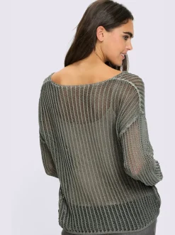 Pull décontracté à col V avec motif tricoté ajouré et mancherons