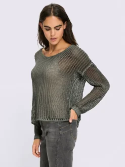 Pull décontracté à col V avec motif tricoté ajouré et mancherons