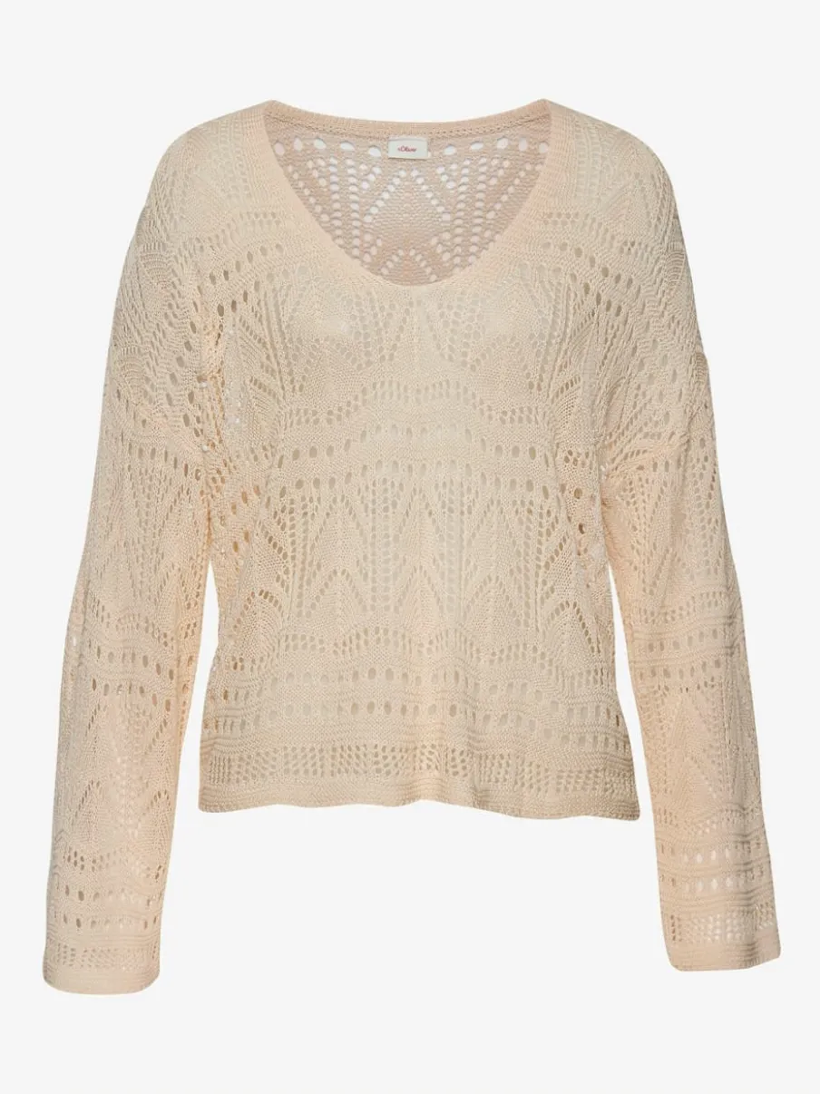 Pull de plage encolure en V avec manches longues et motif ajouré transparent