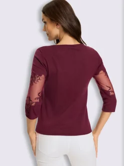 Pull empiècements transparents broderie florale manches 3/4