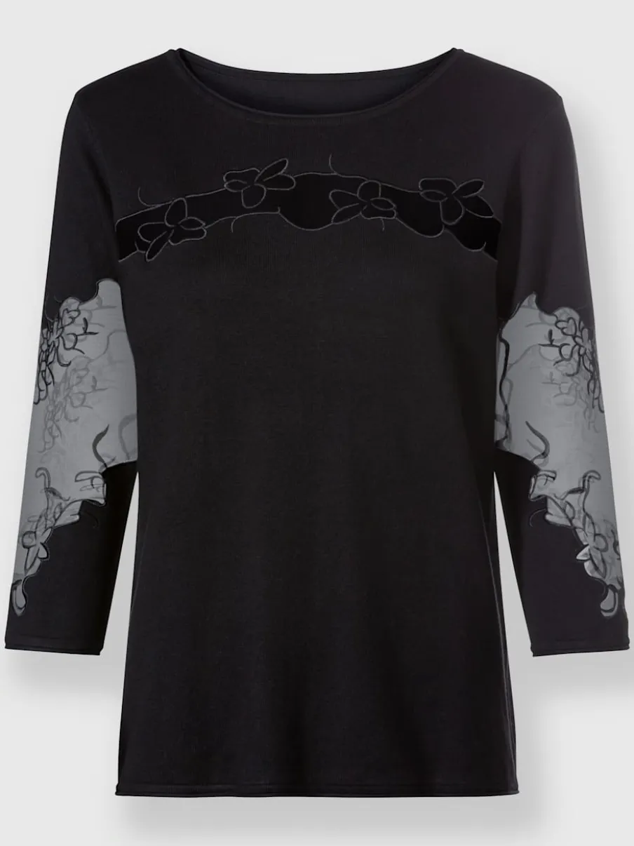 Pull empiècements transparents broderie florale manches 3/4