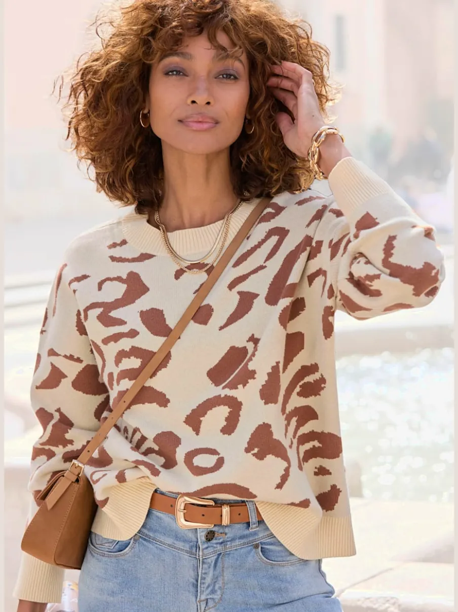 Pull à encolure ronde avec motif animalier et manches longues