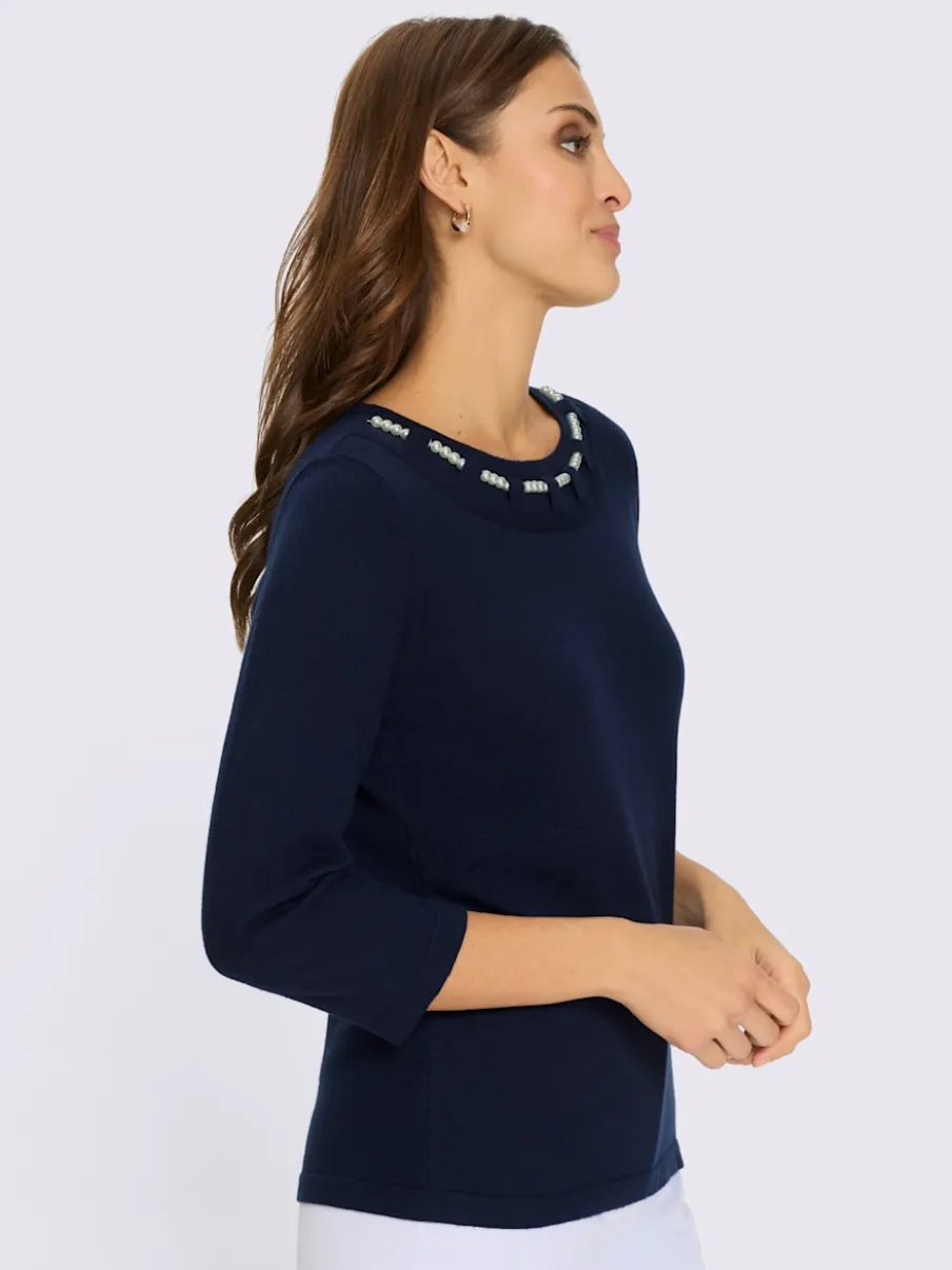 Pull à encolure ronde avec perles et manches trois quarts